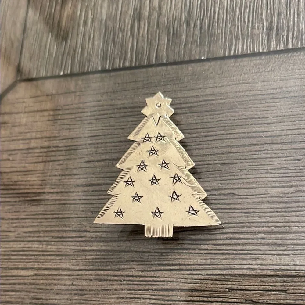 Vintage Brass Christmas Tree Pin with Etched Design Holiday Brooch